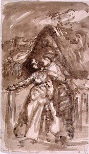Boceto de un hombre abrazando a una mujer en la puerta de una cabaña de William Collins